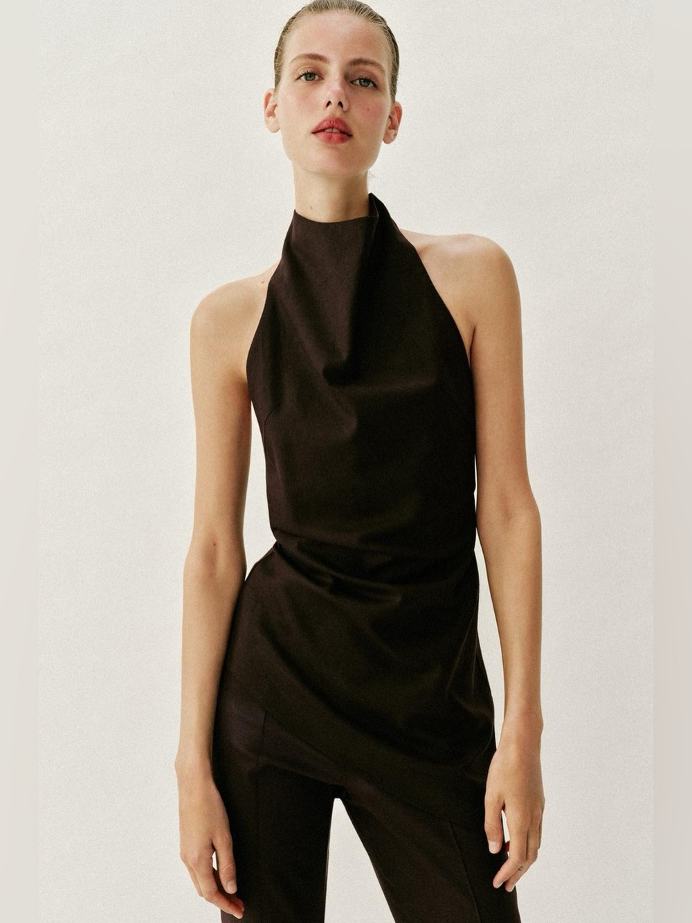 Zara Linen Blend Halter Top with Asymmetrical Hem in Dark Brown